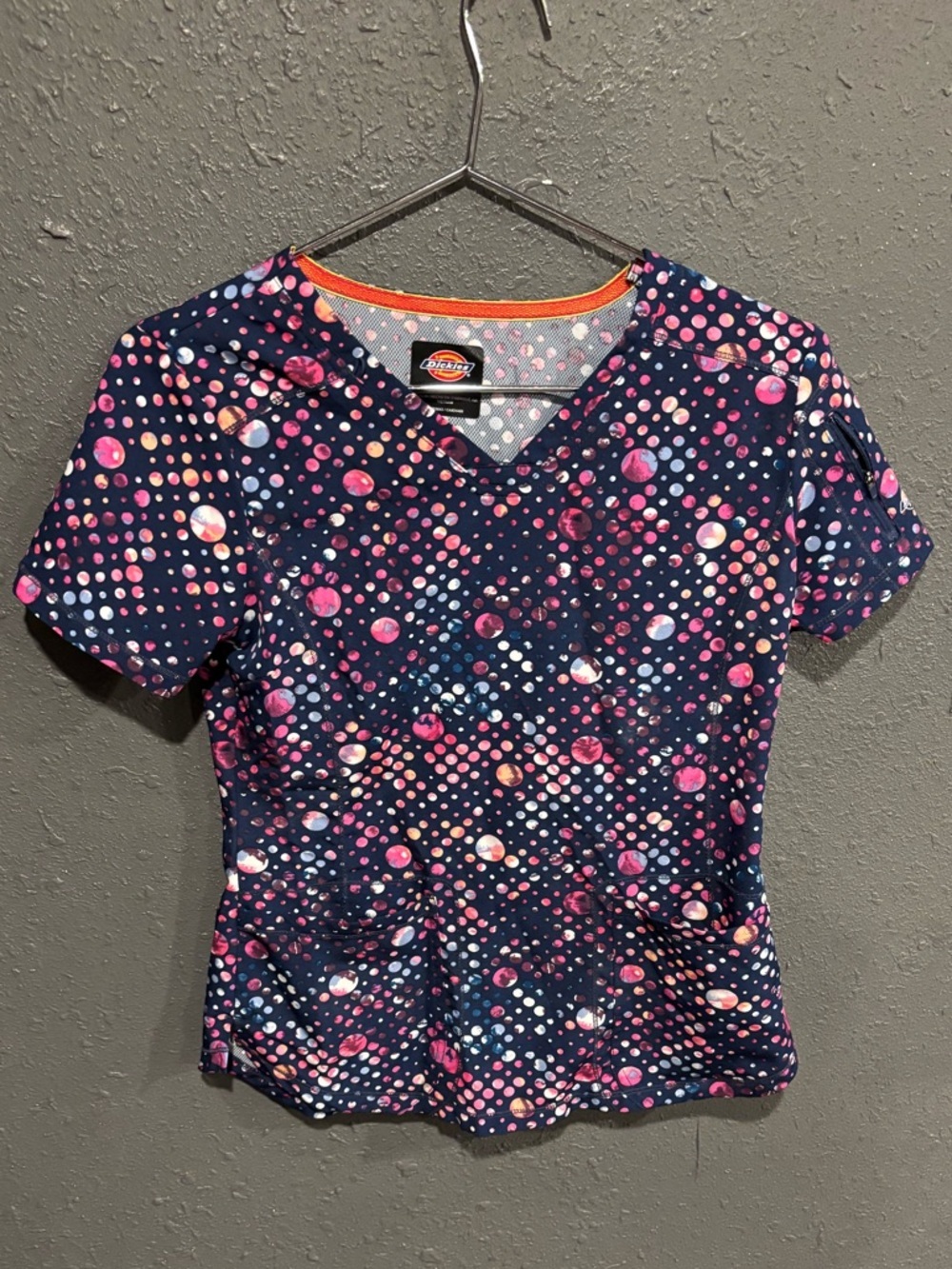 Dickies Navy Scrub Top with Pink Dot Pattern